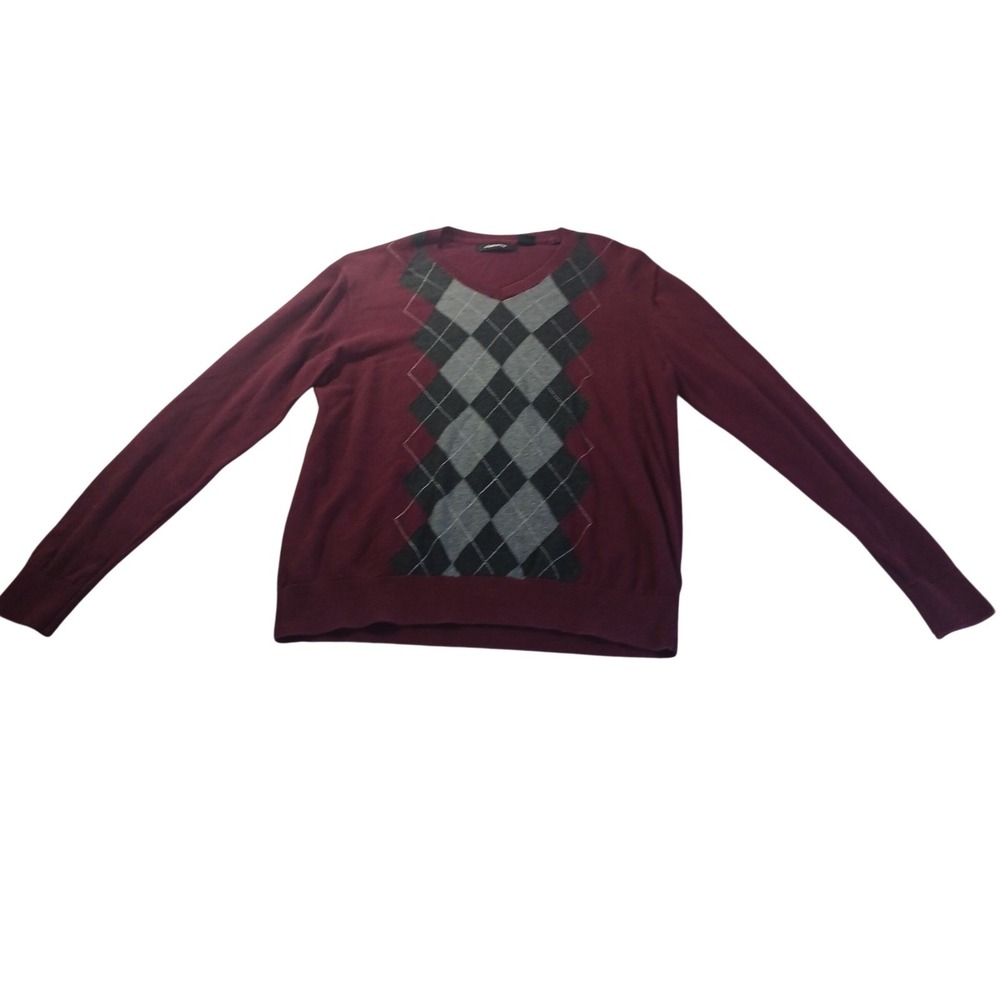 Claiborne‎ Argyle V-Neck Sweater Mens Size Medium Burgundy Cotton Pullover 1755